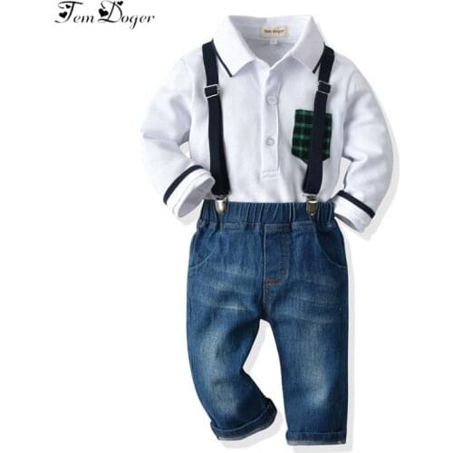 Autumn Kids Clothes 2PCS Boys Fashion Long Sleeve Shirt and Denim Overalls Casual Suit Hot Sale New 2019 Casual Boy Clothing Set