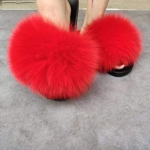 Fur Slippers Natural Fox Hair Fluffy Cute Plush Plush Ladies Flip Flops Summer Home Outdoor Non-Slip Wear-Resistant Flat Sandals
