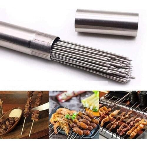 3mm Thick Barbecue Skewers Steel Stainless 304 BBQ Kebab Skewers Metal Sticks for Grilling + Storage Tube Reusable Grill Needle
