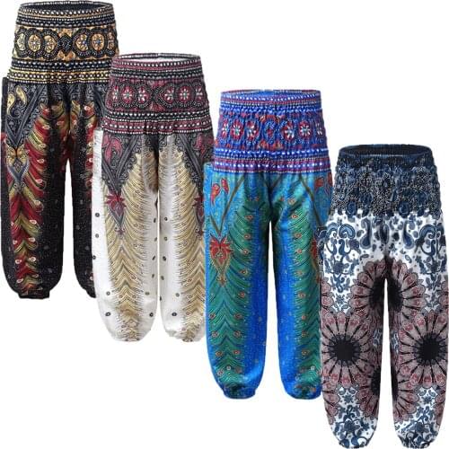 Oyolan Kids Girls Sweatpants Digital Printed Smocked Waist Trousers Summer Bohemian Beach Pants Bloomers Baggy Harem Activewear