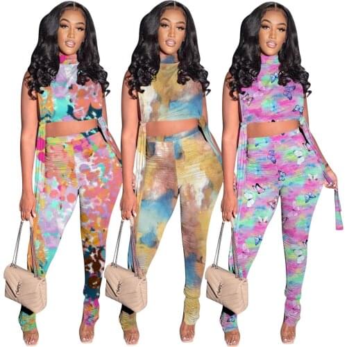 HAOOHU Tie Dye Sweatsuit Womens Set Open Side Crop Top and Stacked Pants Set Active Tracksuit Two Piece Fitness Outfit Set
