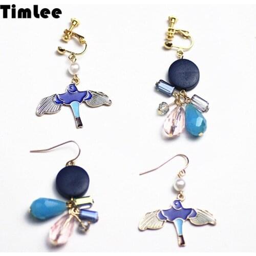 Timlee E261 Free shipping Retro Drops Of Oil Bird Glass Wood Asymmetric Drop Earring Originality Jewelry wholesale