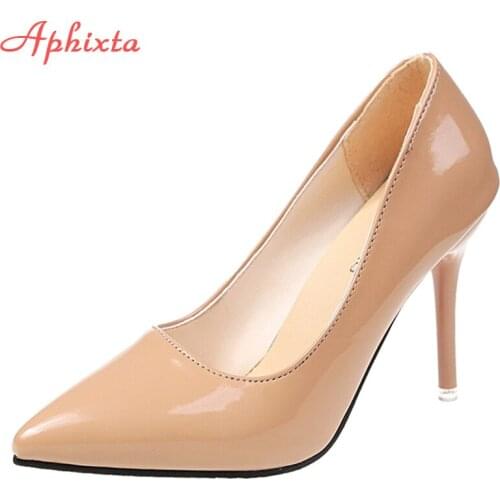 Aphixta 2021Beige 10cm High Heel Shoes Women Pumps Thin Heels Female Shoes Wedding Party Leisure Nude Super Big Size 33-50