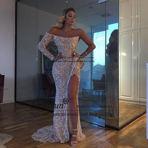Vestido de fiesta Sexy Aso Ebi Arabic Gold Reflective Prom Dresses Mermaid High Split Evening Dresses Sequined Formal Party Gown