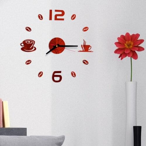 3D Mirror Wall Clock Modern Design Quartz Wall Clock Self Adhesive Modern Mute Acrylic Art Analog Kitchen DIY Coffee Cups Decor