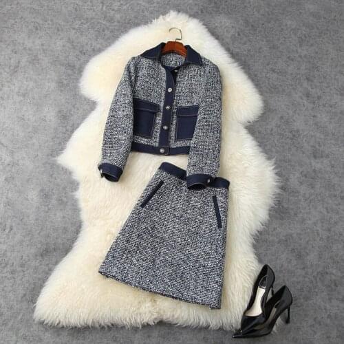 2021 HIGH STREET New Designer Runway Suit Set Womens Denim Patchwork Tweed Jacket Skirt Set