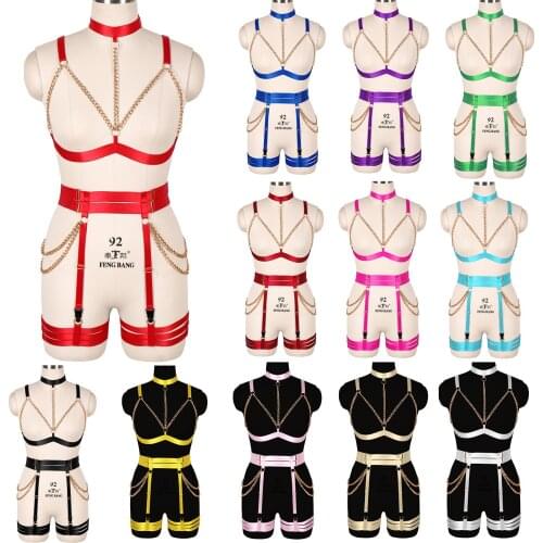 Women Body Chain Harness Underwear Set Hanging Neck Hollow Bra Bondage Chest Strap Leg Garter Belt Bdsm Sex Erotic Suspender
