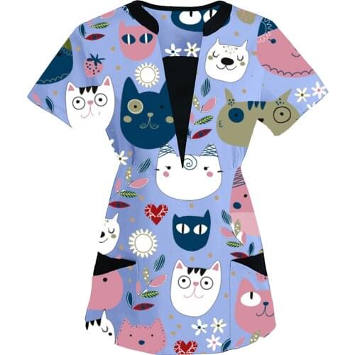 Beauty Salon Workers Nursing Scrubs Top Cute Cartoon Women Short Sleeve V-Neck Work Uniform With Pocket Gorro Enfermera A50