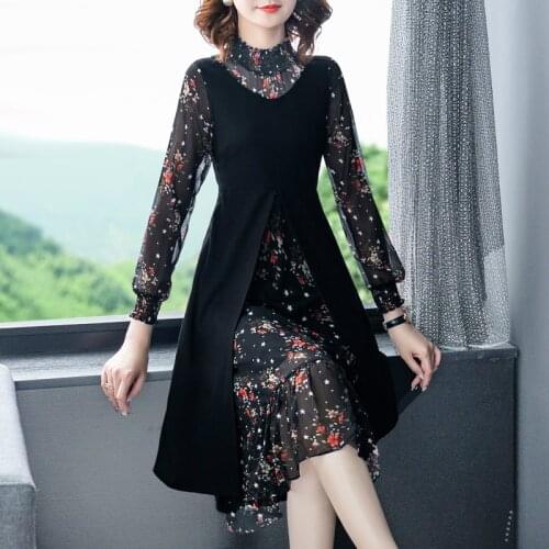 2021 Fall Winter Casual Black Floral Chiffon Midi Dress Korean Vintage 4XL Plus Size Dresses Women Elegant Bodycon Party Vestido