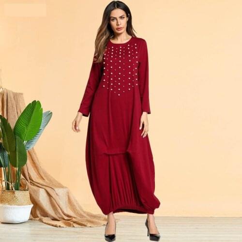 Turkish Dresses For Women Fashion Oversized Size Womens Beaded Long-sleeved Knitted Round Neck Muslim Casual Long Skirt
