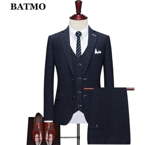 BATMO 2021 new arrival high quality plaid slim suits men,male wedding dress ,SJT815