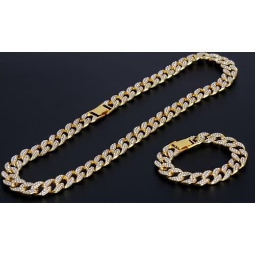 Hip Hop 2pcs kit Miami Curb Cuban Chain Necklace 13-15MM Golden Iced Out Paved Rhinestones CZ Bling Rapper For Men Jewelry
