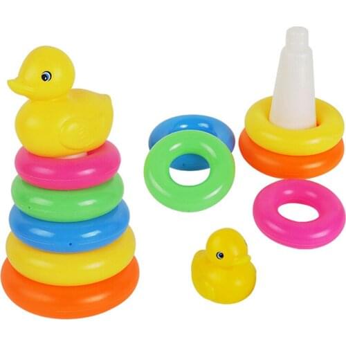 Kids Babys Bath Tub Floating Toy Set - 9 Colorful Stacking & Nesting Rings with a Cute Yellow Duck, Birthday Gift