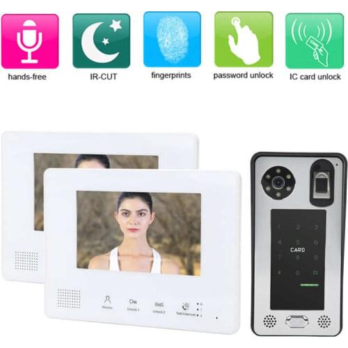 Home Video Doorbell 2-Wire System 7in 2 Monitors Fingerprint Password IC Card Unlock Night Vision Intercom 100-240V