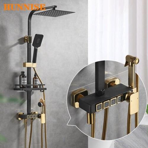 Bathroom Shower Set HUNNISE Four Funtion Bath Shower System Quality Brass Bathtub Mixer Faucet Hot Cold Bathroom Shower Set