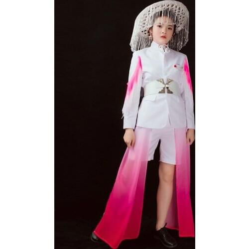 Jazz Stage Performance Clothing Chinese Style Girls White Tunic Suit Fringed Blouse Tassels Hat Boys Festival Clothes XS2415