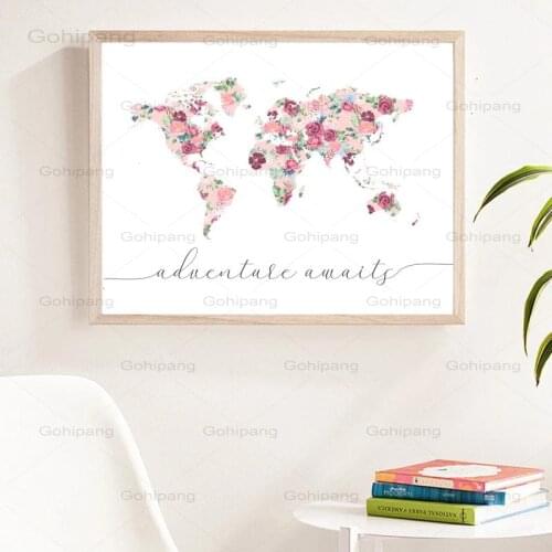 World Map Pink Floral Canvas Painting Adventure Awaits Quote Nursery Decor Travel Wall Canvas Painting Baby Gift Kids Room Decor