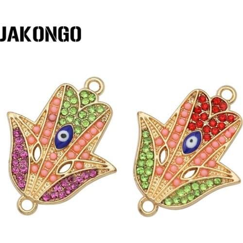 JAKONGO Gold Color Crystal Evil Eye Fatima Hand Connector for Jewelry Making Bracelet Accessories Findings 27x22mm 4pcs/lot