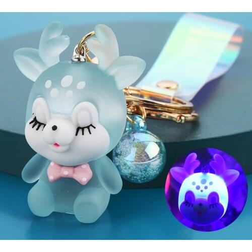 Creative Cute Sika Deer Flashlight Keychain Women Animal Elk Key Chain Lanyard Led Car Key Ring Holder Bag Charms Pendant Gift