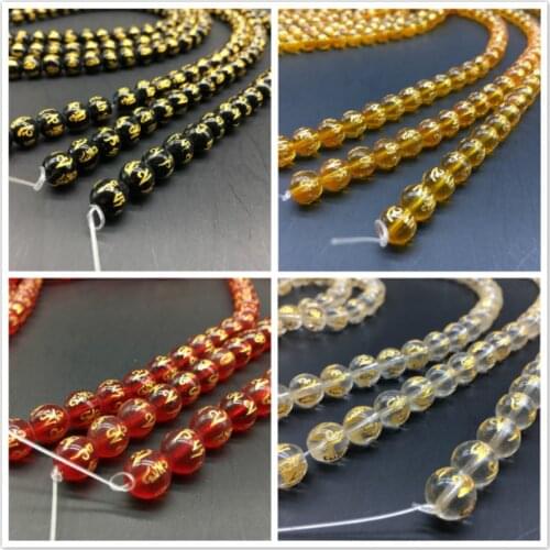 Gold Printing Mantra Black Obsidian Carved Buddha Lucky Amulet Round Beads natural stone beads for jewelry making 8mm 10mm 12mm
