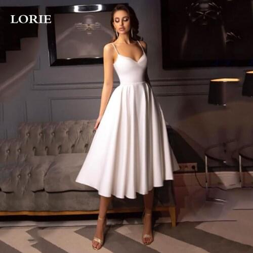 LORIE Slik Satin A Line Short Wedding Dresses Spaghetti Straps V Neck Bride Gowns 2021 Ankle Length Backless Wedding Gowns
