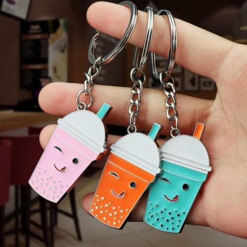Cute Metal Soft Drink Keychain Milk Tea Bottle Keyring Bag Pendant Couples Women Men Girl Gift Trinket