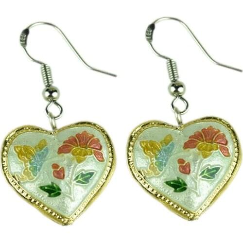 Handmade Fancy Enamel Heart Love Earrings Cloisonne Filigree Eardrop Cute Ladies Accessories Ear Dangle Jewellery