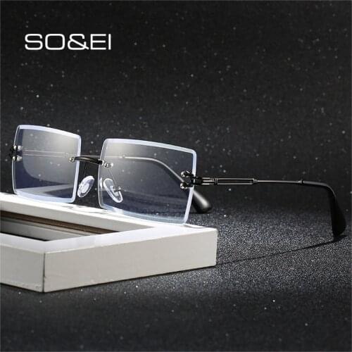 SO&EI Fashion Rimless Rectangle Anti-Blu-ray Eyewear Clear Lens Women Glasses Frame Vintage Simple Men Optical Goggle Eyeglasses