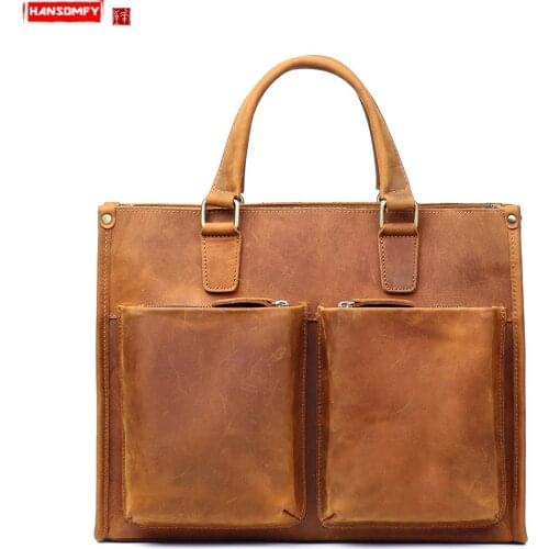 Genuine Leather Handbag Men Laptop Bag Business Large Capacity Male Briefcase Shoulder Messenger Bag New Crazy Horse Leather 14"