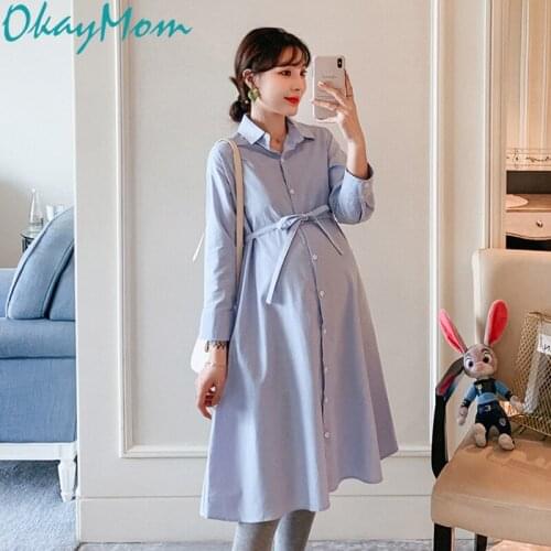 OkayMom Blue Long Maternity Dresses Clothing OL Blouse Shirt Dress For Pregnant Women Pregnancy Wear Casual Loose Vestidos Fall