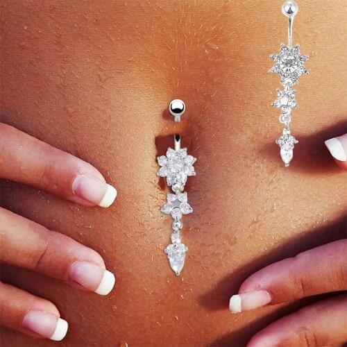 Sexy Piercing Navel Body Jewelry Flower Pendant Crystal Belly Button Rings for Women Girls Navel Pericing Ring