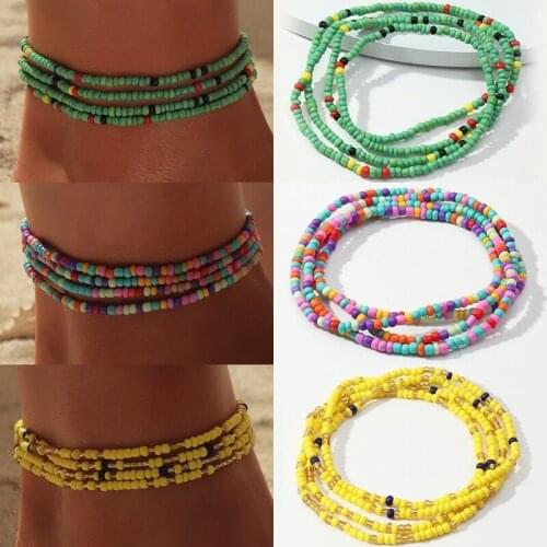 Simple Woven Beaded Geometric Foot Ornaments Beach Trend Hit Color Multi-layer Rice Bead Elastic Anklet for Women