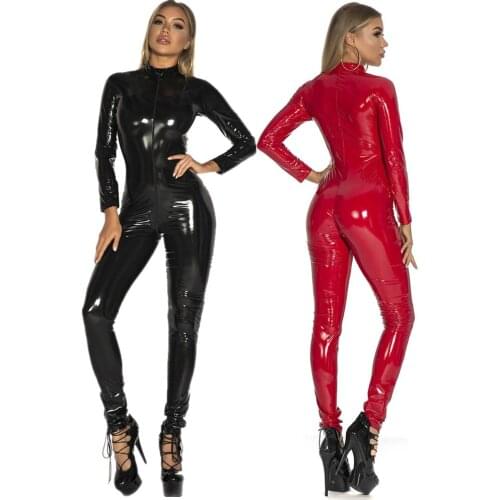 Sexy Faux PU Latex Bodysuit Double Zipper Catsuit for Woman Breast Exposing Open Crotch Leather Jumpsuits Nightclub Dance Wear