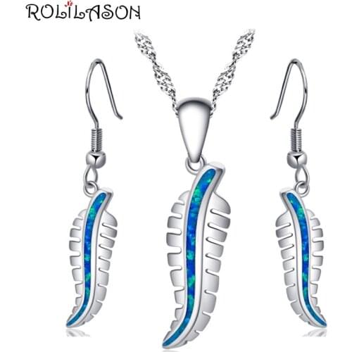 ROLILASON earrings pendant necklace Silver stamped 925 Blue leaf fire opal set for women party gift OS034