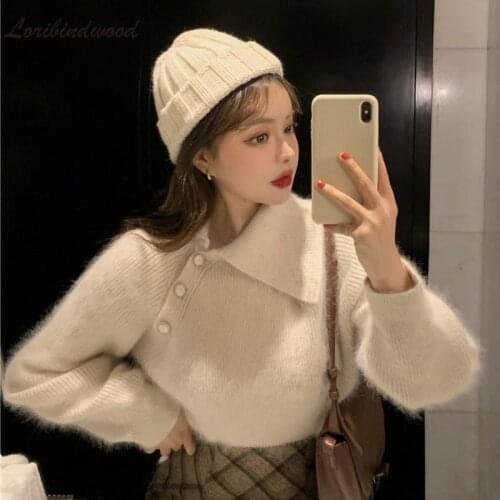 Loribindwood 2021 Winter Korean Version of The Lapel Imitation Mink Velvet Short White Sweater Super Fairy Design Knit Sweater