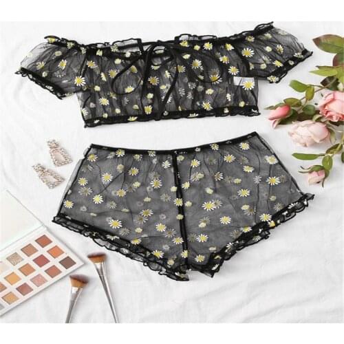 Sweet Little Daisy Print Pajamas Suit Sexy Perspective Mesh Women Lingerie Set Female Lace Top Shorts Set Sex Underwear