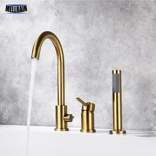 3 Holes Deck Mount Bathtub Faucet 100% Brass Pull Out Shower Faucet Bath Tub Hot & Cold Mixer Water Tap