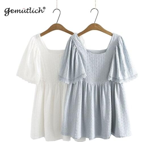GEMUTLICH Women Hollow Out Blouse Loose Square Collar Short Sleeved Lace Casual Sweet Shirt Dress Big Size L-4XL