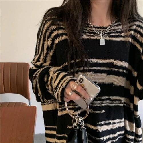 Top women Vintage Striped Sweaters Y2k Autumn Korean style Long Sleeve Oversize Knit Sweater Unisex Couples Winter Pullovers Top