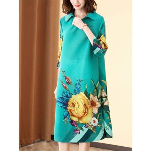 2021 New Spring Autumn Retro Folds French Turndown Collar Dress Mothers Loose Printing Mid Age Mid-length Skirt Y463