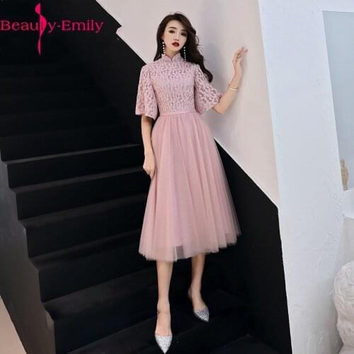 Beauty Emily Fashion High Neck Short Sleeve Evening Dress 2020 Romantic Appliques Zipper Back Tulle Women Party Night Dresses