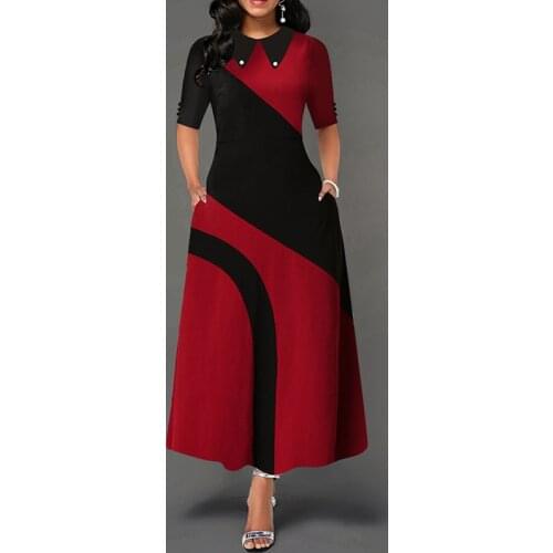 OTEN Vintage Contrast Color Women Peaked Collar Flare A-Line Dress Half Sleeve Summer Elegant Long Party Swing Dress Robe Femme