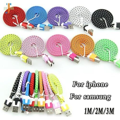 100pcs/lot Micro USB Cable Flat Noodle Fabric Nylon Braided USB Charge Data Cable for Iphone XR MAX Samsung USB Charging Cord