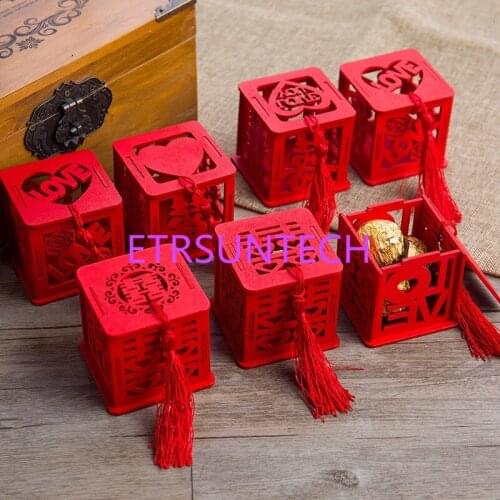 100pcs/lot chinese style vintage novelty red square wooden love wedding candy boxes Gift party favors sugar supply
