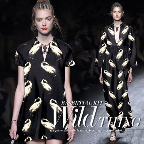 140cm wide 40mm thick goose print black 35% silk & 65% wool satin fabric for autumn and winter suit dress jacket cheongsam D508