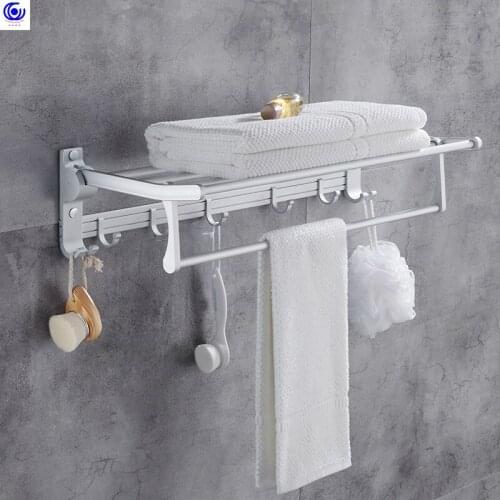 Aluminium Nail Free Foldable Towel Holder Bathroom Double Shelfs with Hooks Storage Hanger Rack Accessories Non Punch-drilling