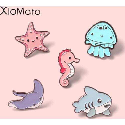 Jellyfish Elves Lapel Pin Water World Seahorse Starfish Squid Brooches Collar Backpack Decoration Cartoon Jewelry Gift For Kids