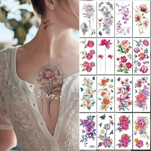 Black Pink L Rose Flower Temporary Tattoo Summer Feather Birds Tattoo Stickers Women Waterproof Tatto Girls Body Arm Art