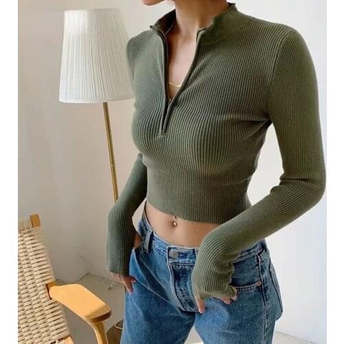 Fashion Sweater Elegant High Neck Zipper Front Knitted Sweater Womens Pure Color Short Pullover Fall/Winter Fashion Tops 2021