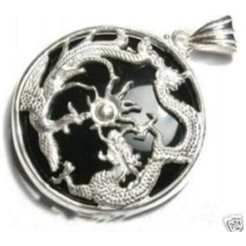 Beautiful black jade silver dragon phoenix pendant necklace 5.27